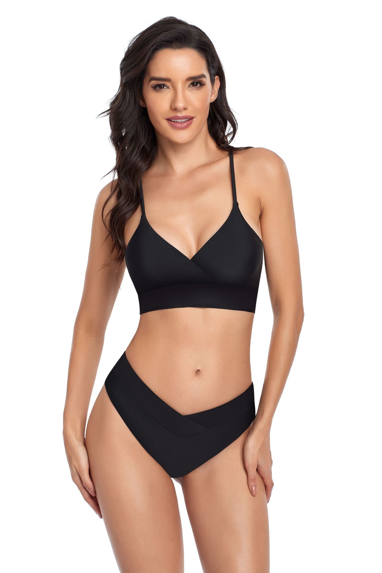 (image for) Solid Color V‑Neck Two‑Piece Bikini Set Women High Cut Bathing Suit Swimwear