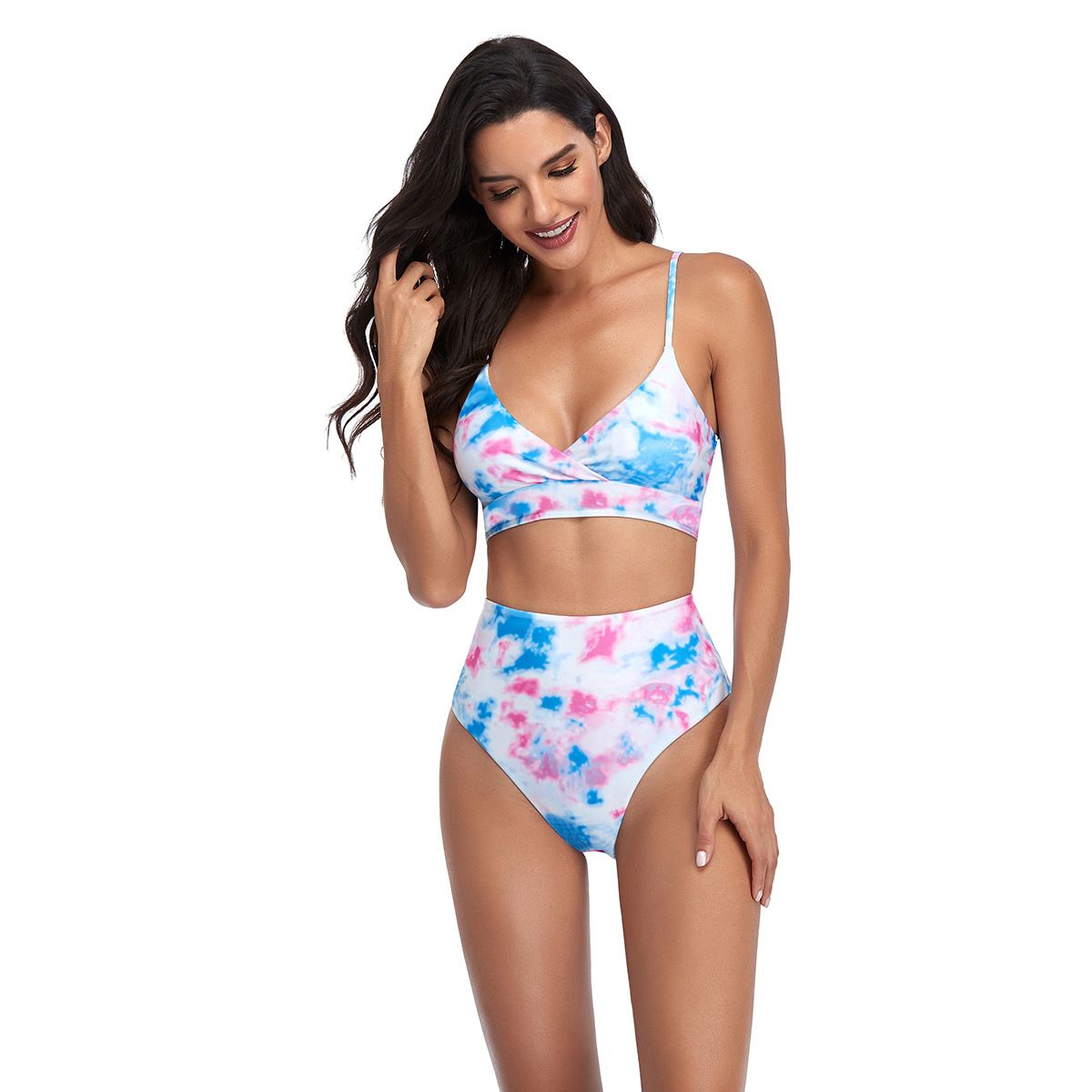 (image for) Marble Tie‑Dye High Waist Bikini Set V‑Neck Wrap Top Two‑Piece Women Swimwear