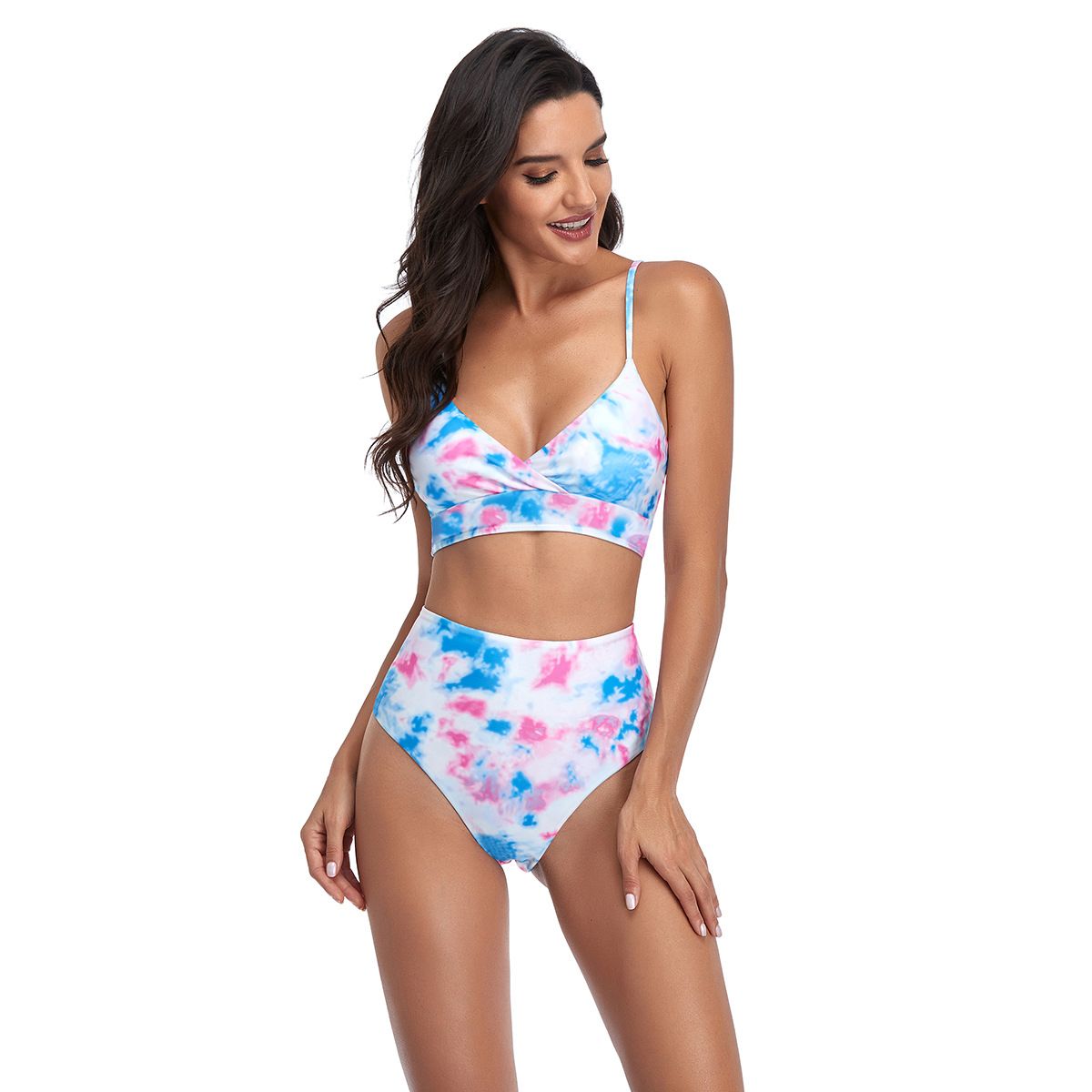 (image for) Marble Tie‑Dye High Waist Bikini Set V‑Neck Wrap Top Two‑Piece Women Swimwear