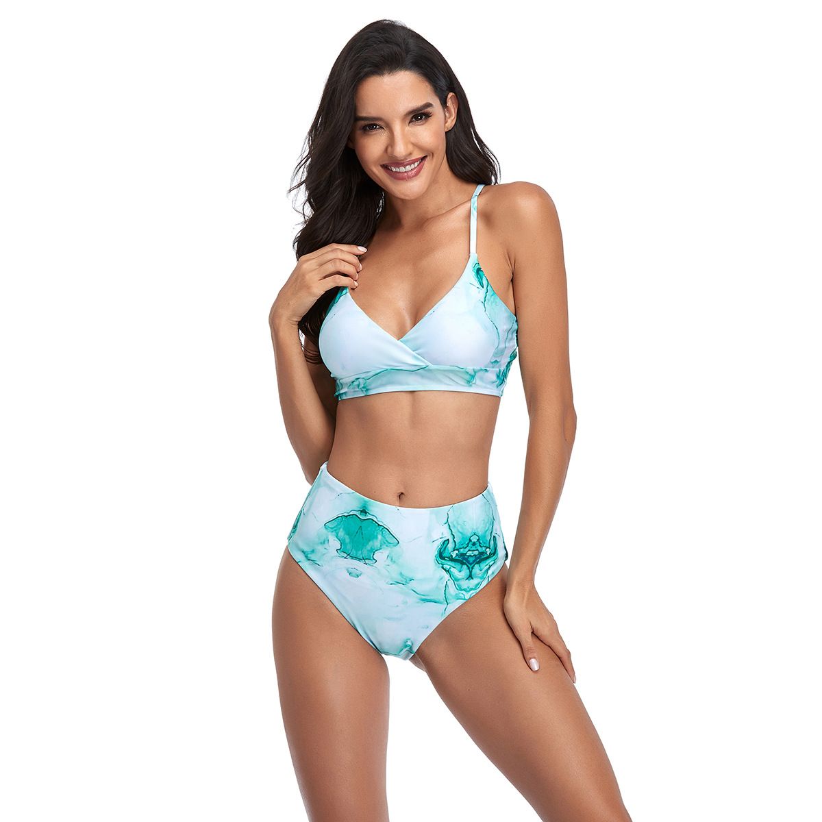(image for) Marble Tie‑Dye High Waist Bikini Set V‑Neck Wrap Top Two‑Piece Women Swimwear