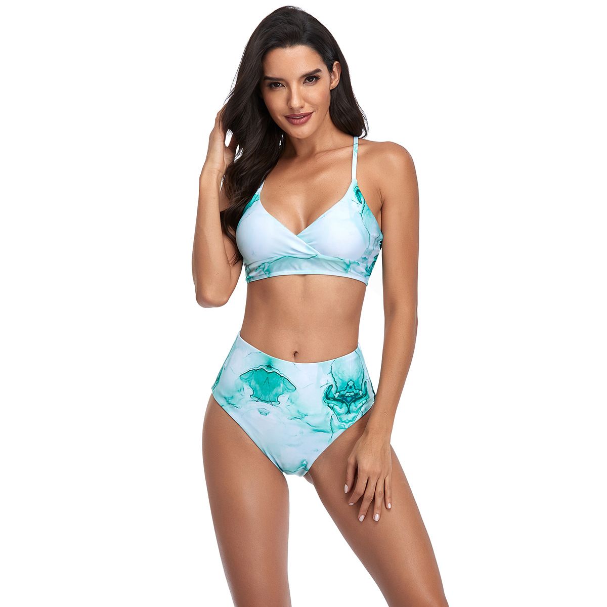 (image for) Marble Tie‑Dye High Waist Bikini Set V‑Neck Wrap Top Two‑Piece Women Swimwear