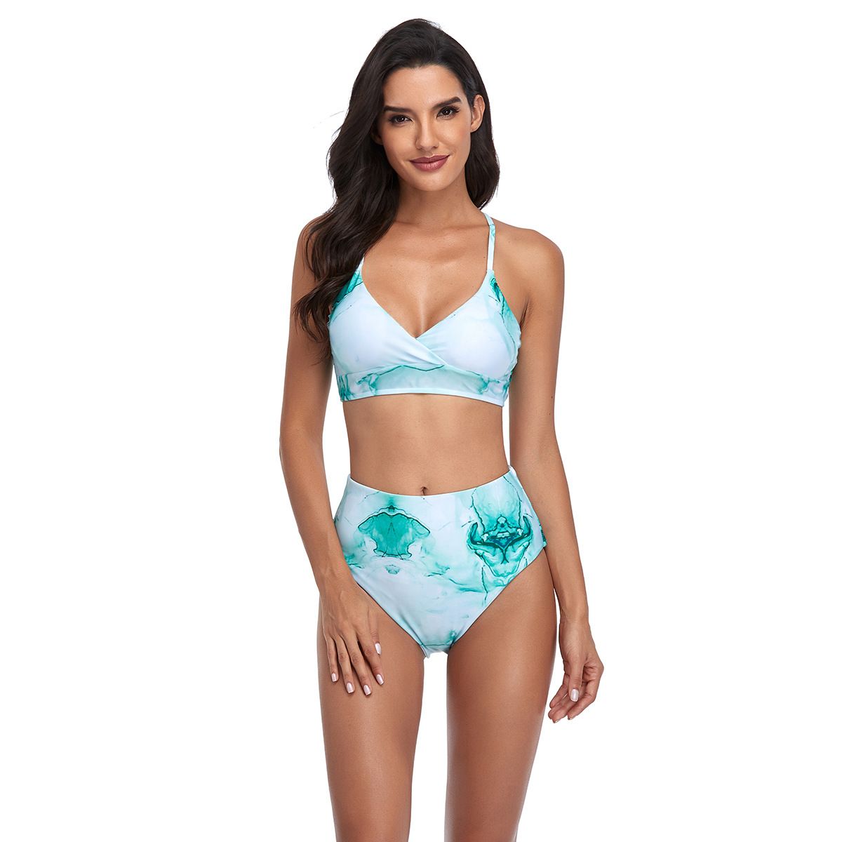 (image for) Marble Tie‑Dye High Waist Bikini Set V‑Neck Wrap Top Two‑Piece Women Swimwear