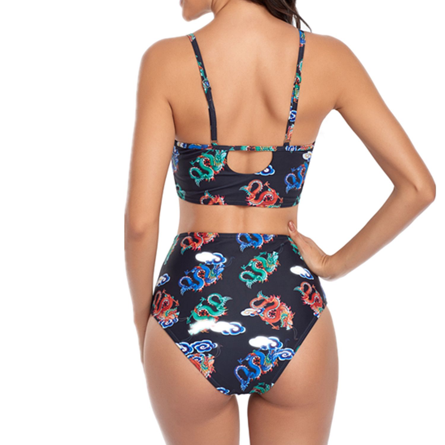 (image for) V‑Neck Lace‑Up Printed High Waisted Bikini Set Two‑Piece Women Swimwear