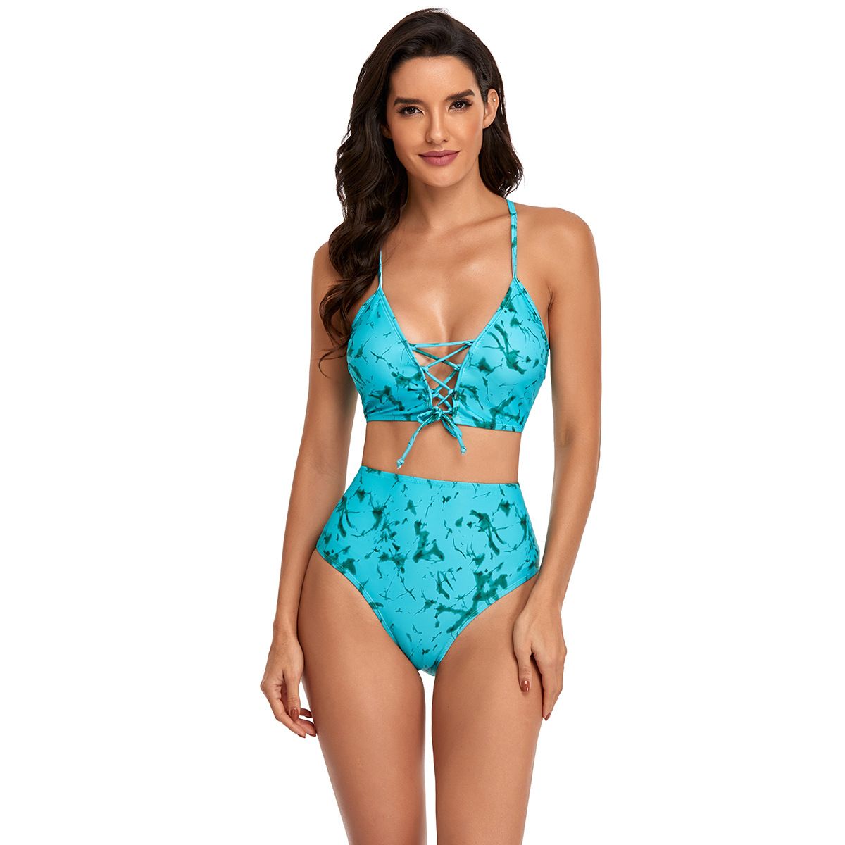 (image for) V‑Neck Lace‑Up Printed High Waisted Bikini Set Two‑Piece Women Swimwear