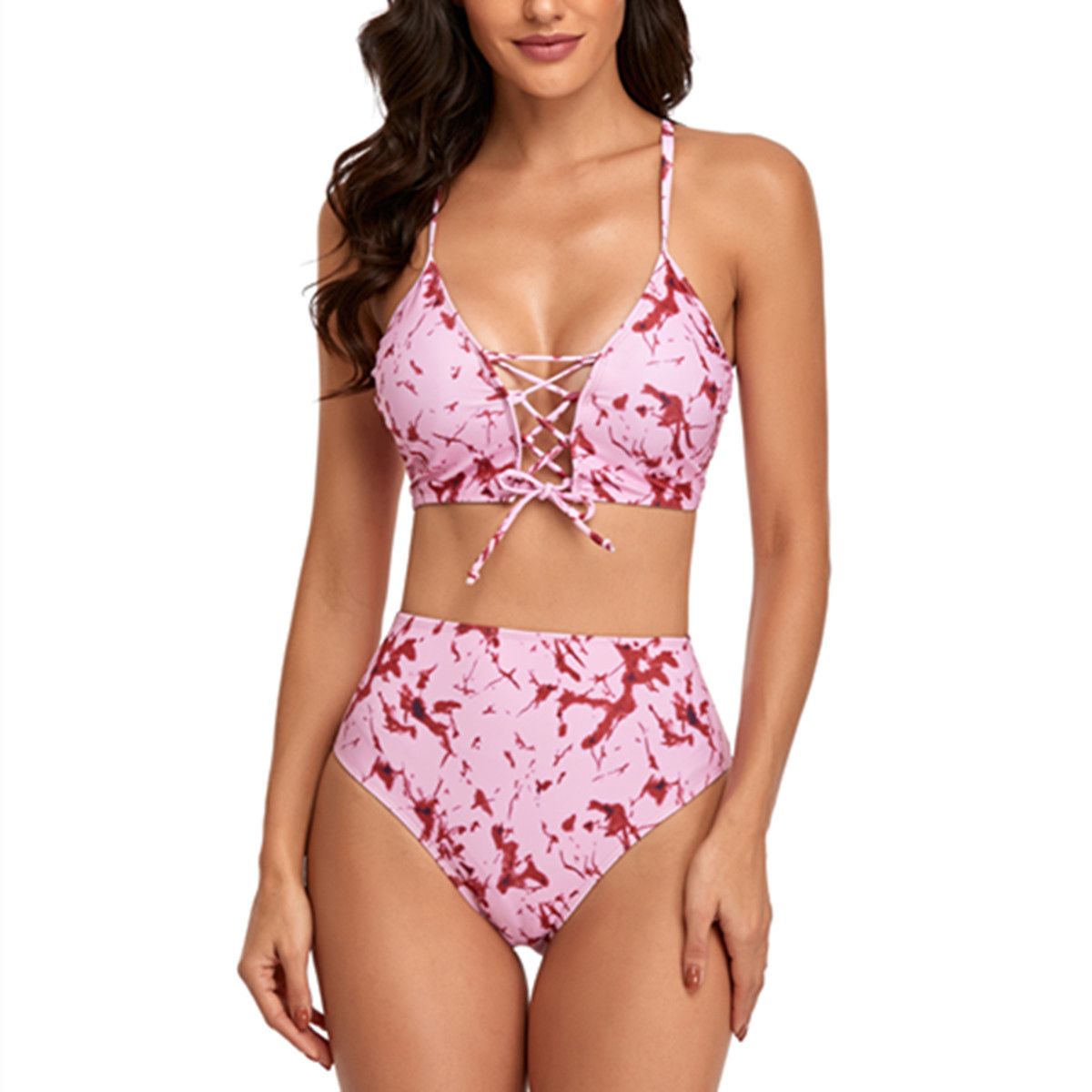 (image for) V‑Neck Lace‑Up Printed High Waisted Bikini Set Two‑Piece Women Swimwear