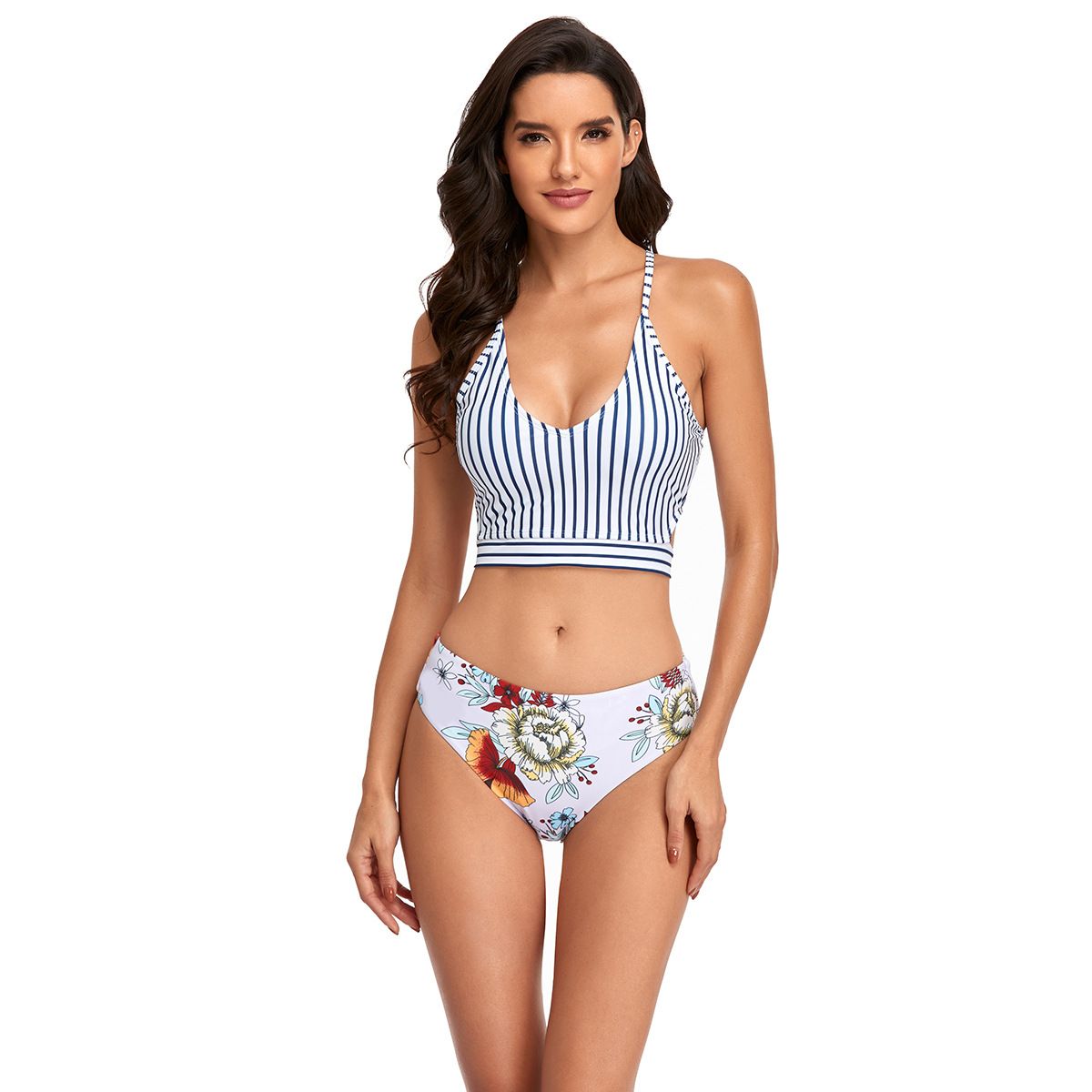 (image for) Striped Crop Top Bikini Set Floral Print High‑Cut Bottom Two‑Piece Women Swimwear