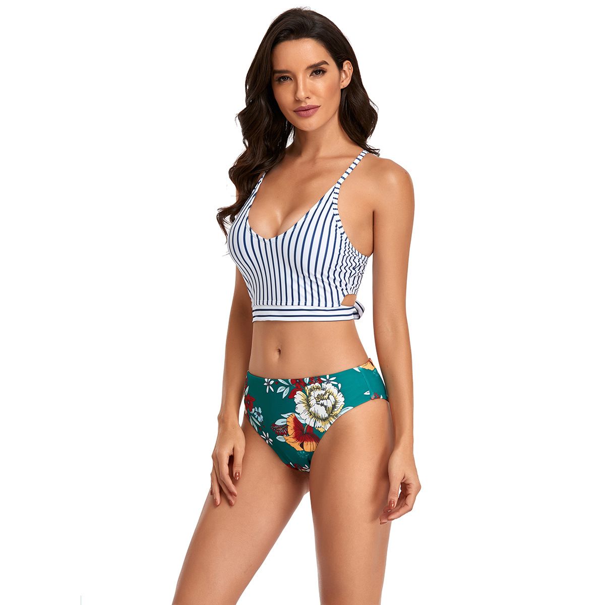 (image for) Striped Crop Top Bikini Set Floral Print High‑Cut Bottom Two‑Piece Women Swimwear