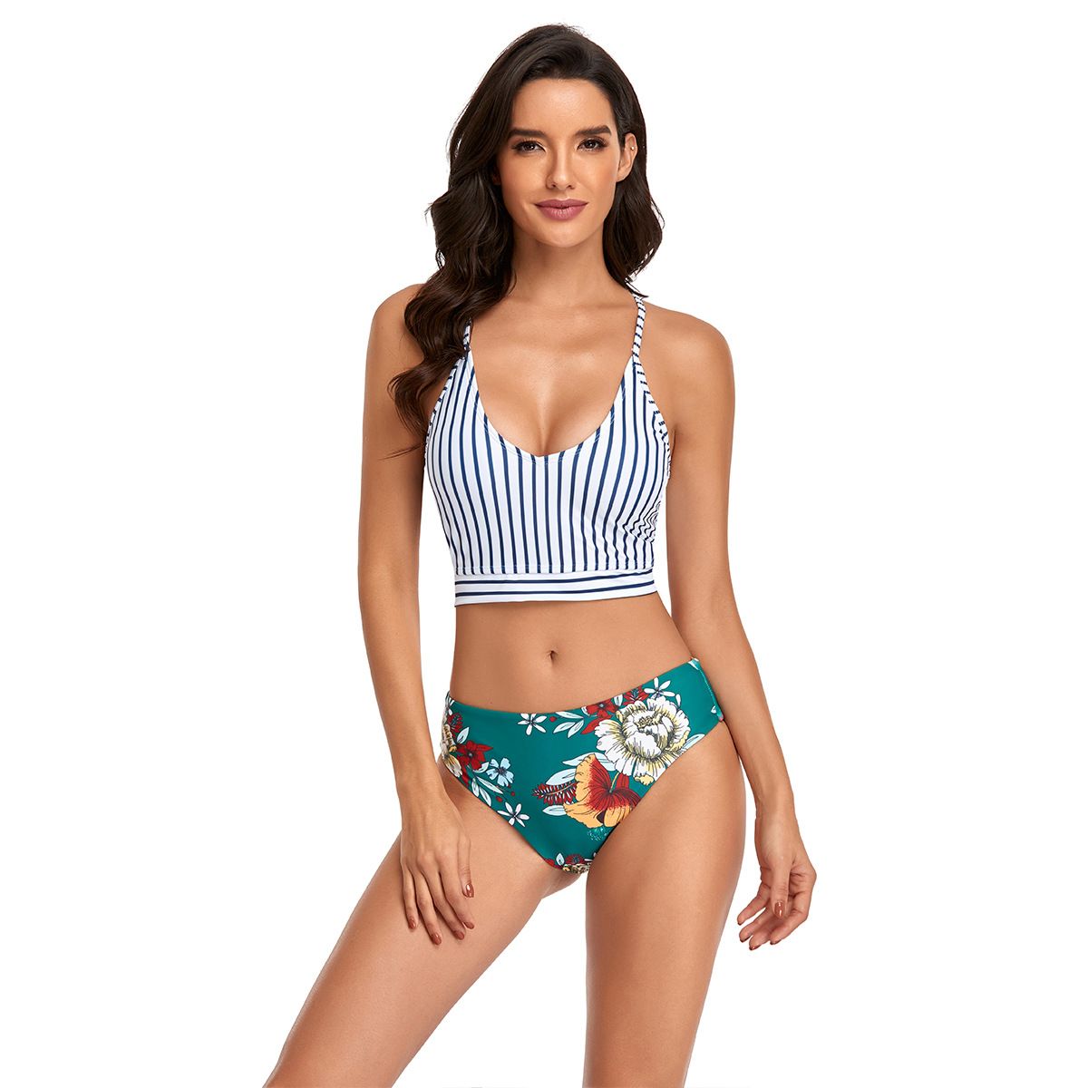 (image for) Striped Crop Top Bikini Set Floral Print High‑Cut Bottom Two‑Piece Women Swimwear