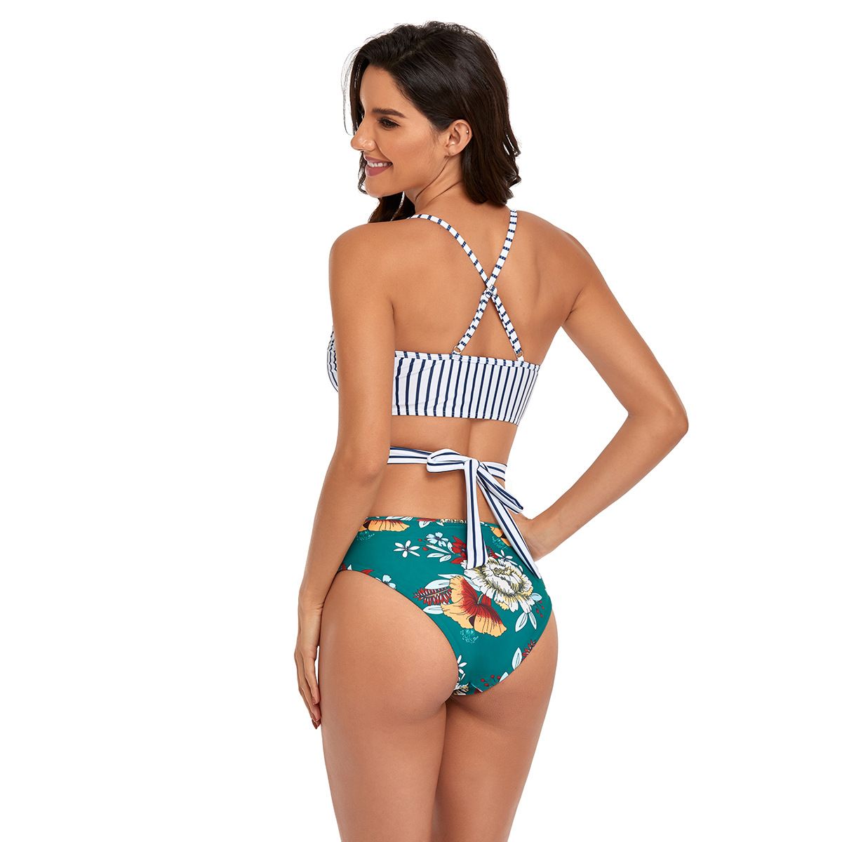 (image for) Striped Crop Top Bikini Set Floral Print High‑Cut Bottom Two‑Piece Women Swimwear