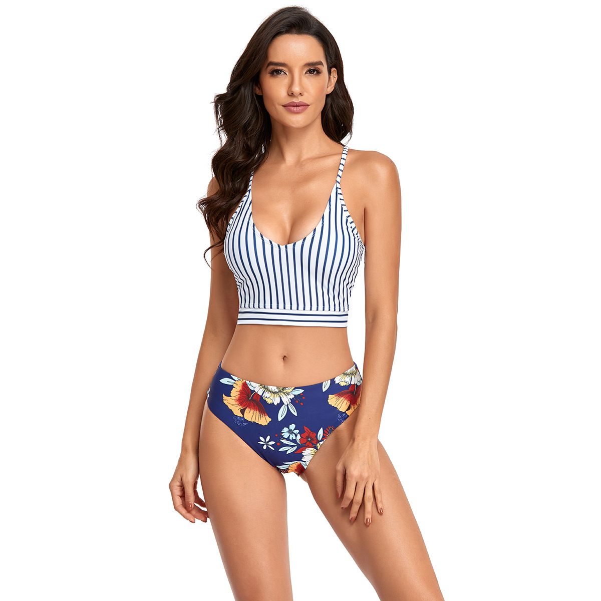(image for) Striped Crop Top Bikini Set Floral Print High‑Cut Bottom Two‑Piece Women Swimwear