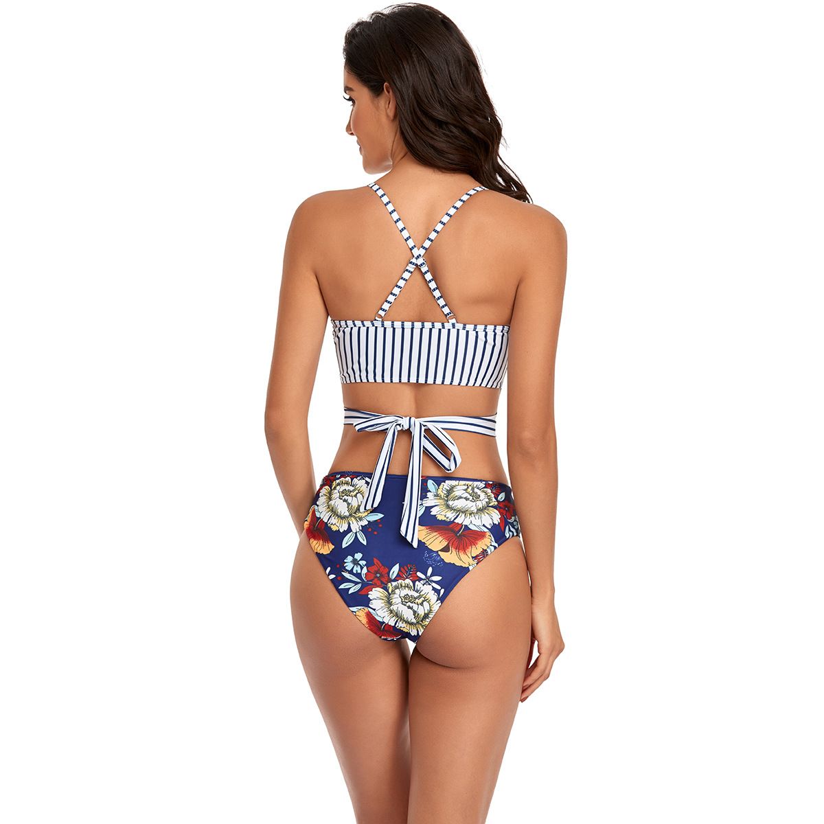 (image for) Striped Crop Top Bikini Set Floral Print High‑Cut Bottom Two‑Piece Women Swimwear