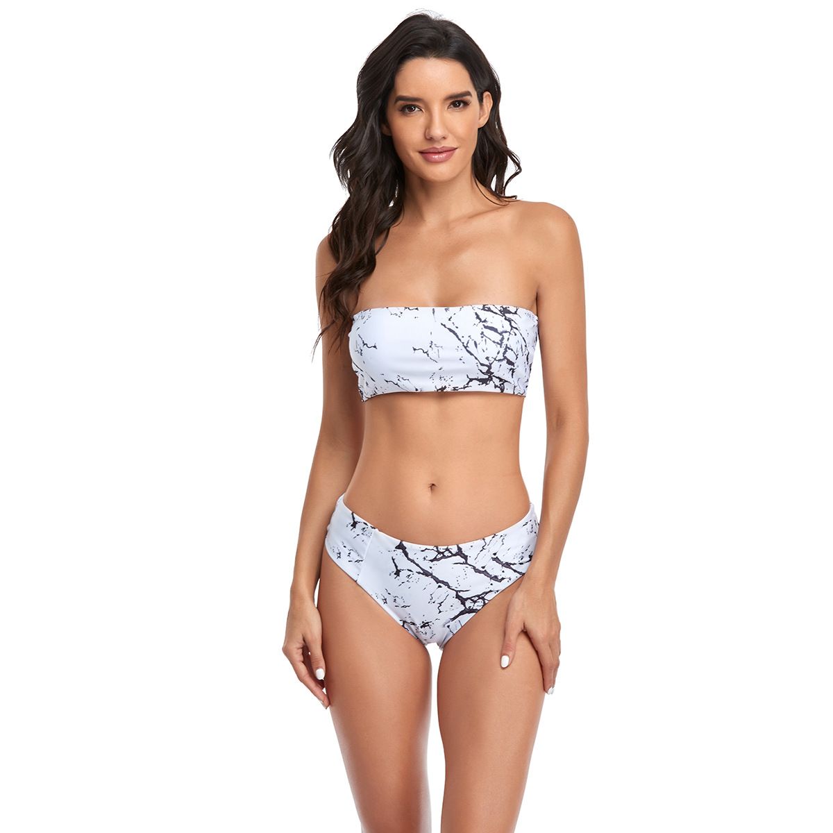 (image for) Women Bandeau Printed High‑Waisted Bikini Set, Soft‑Pack Two‑Piece Swimsuit