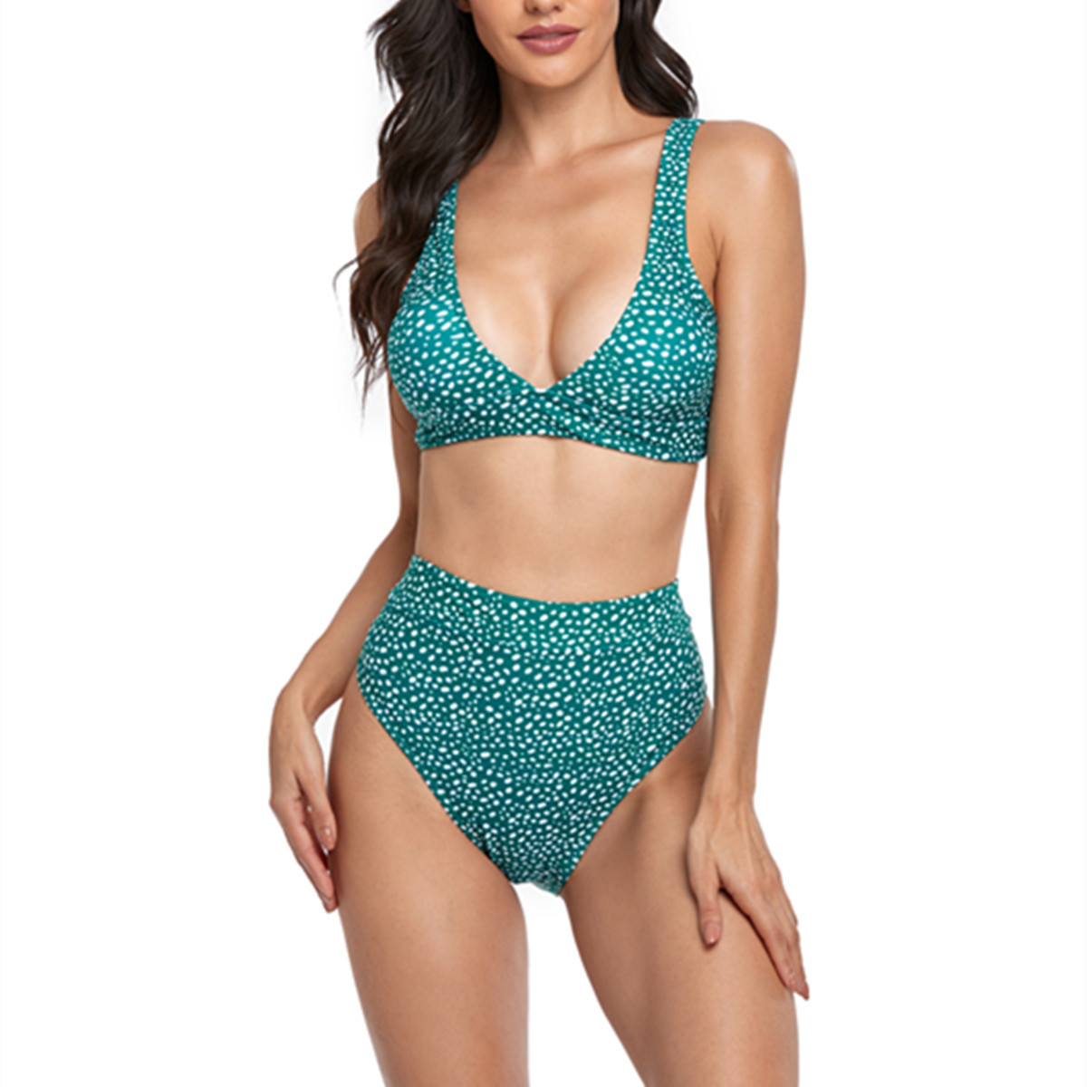 (image for) Dot Print High Waisted Bikini Set V‑Neck Wide Strap Two‑Piece Women Swimwear