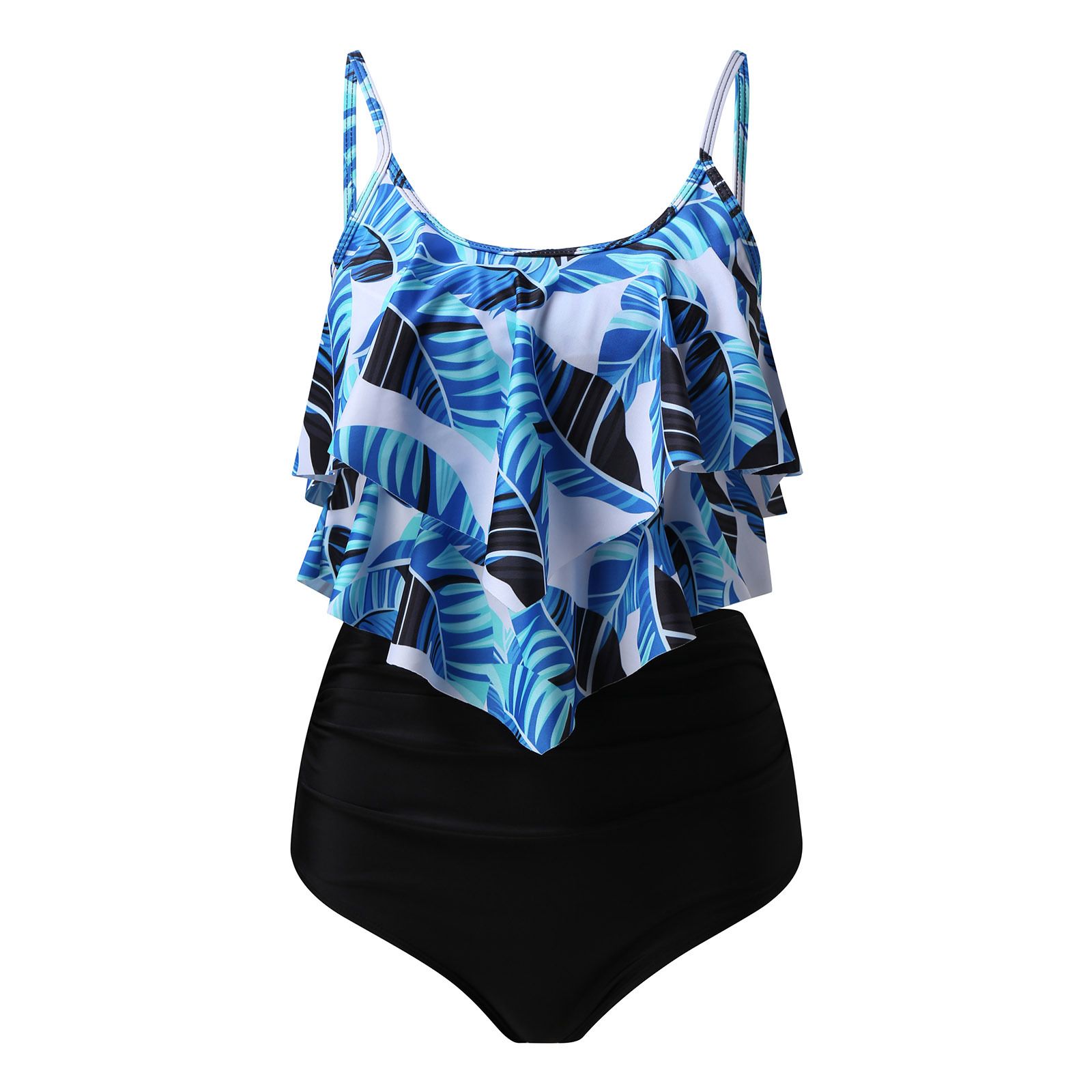 (image for) Women Ruffled Tankini Two‑Piece Swimsuit, Print & Solid High Waist Bikini Set