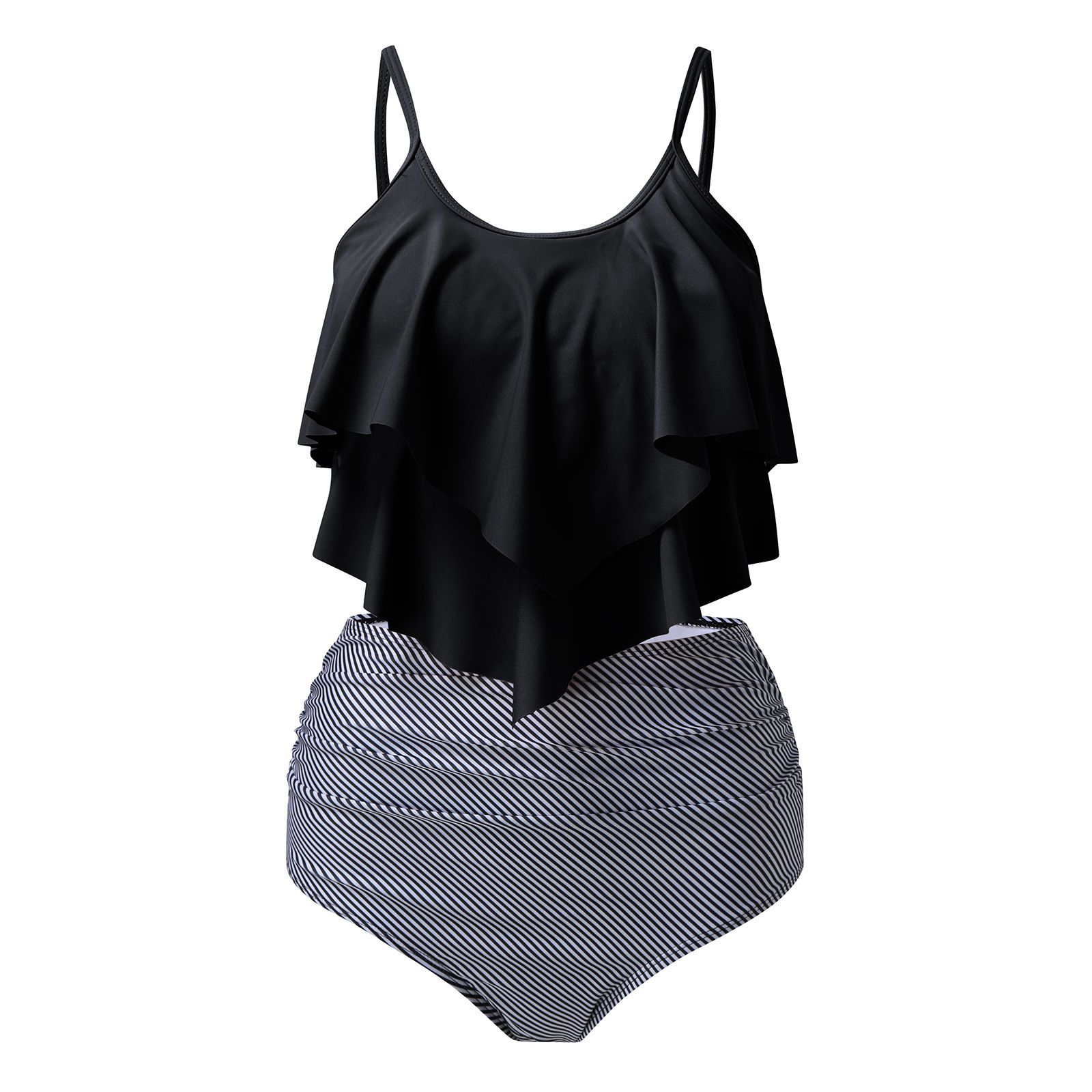(image for) Women Ruffled Tankini Two‑Piece Swimsuit, Print & Solid High Waist Bikini Set