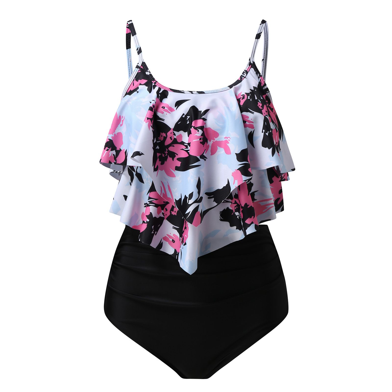 (image for) Women Ruffled Tankini Two‑Piece Swimsuit, Print & Solid High Waist Bikini Set