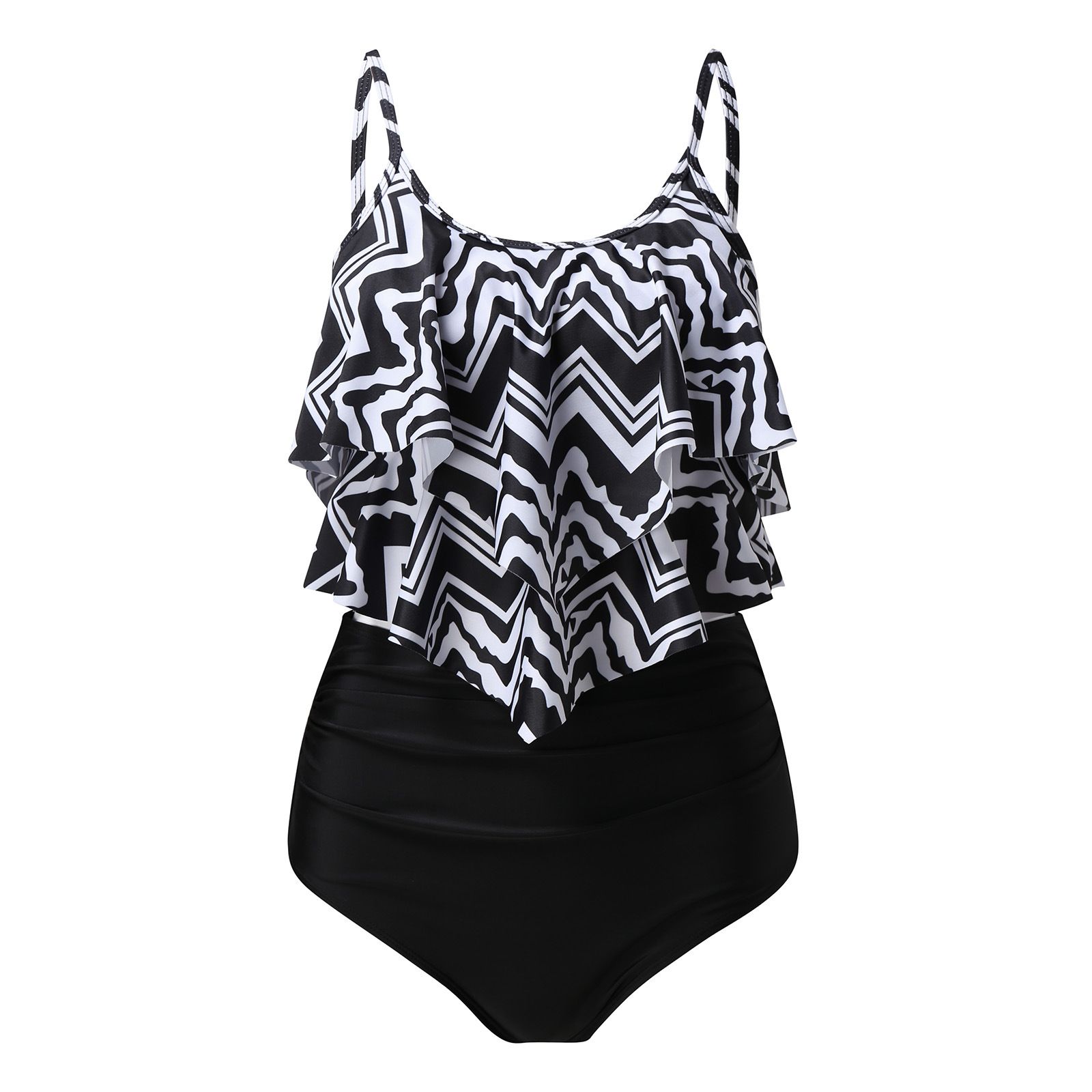 (image for) Women Ruffled Tankini Two‑Piece Swimsuit, Print & Solid High Waist Bikini Set