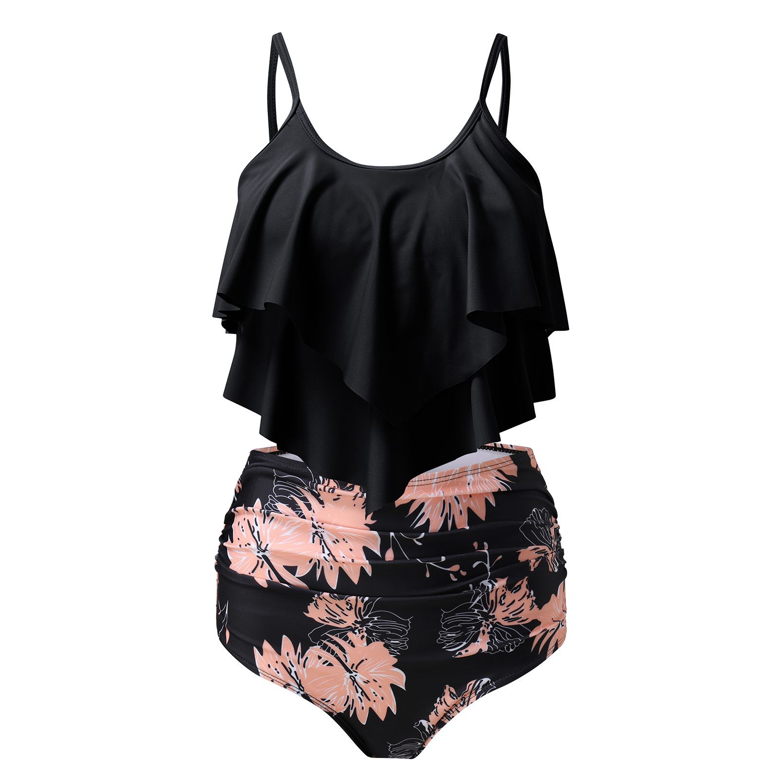 (image for) Women Ruffled Tankini Two‑Piece Swimsuit, Print & Solid High Waist Bikini Set