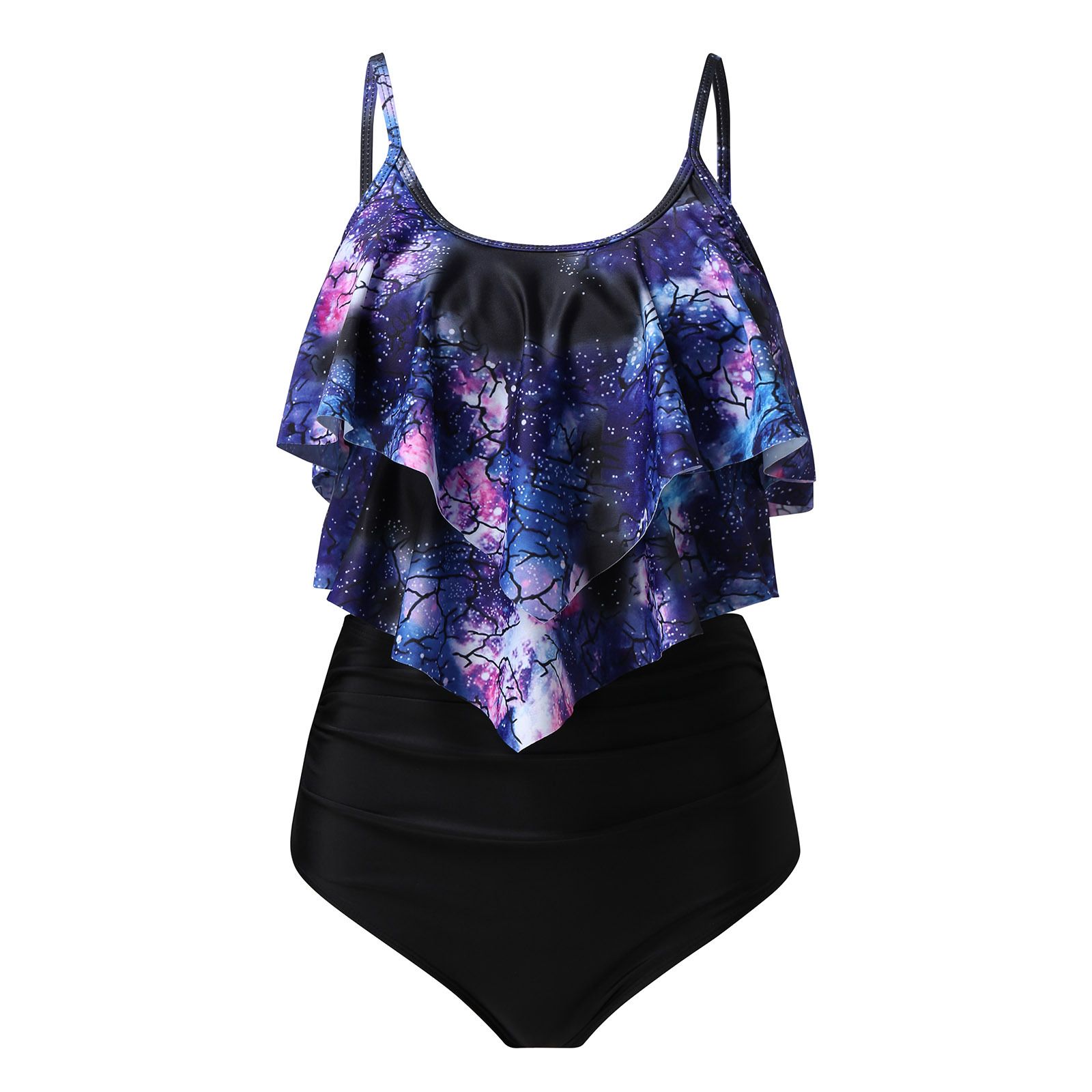 (image for) Women Ruffled Tankini Two‑Piece Swimsuit, Print & Solid High Waist Bikini Set