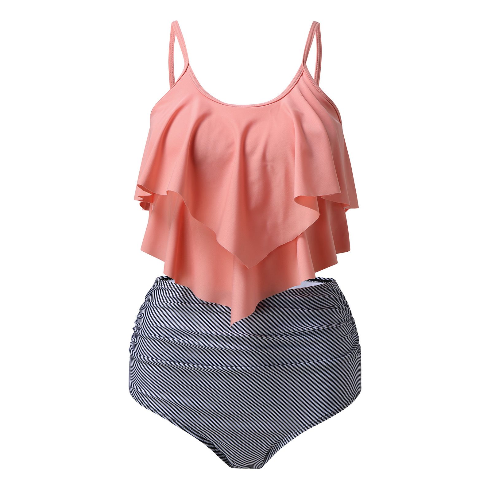 (image for) Women Ruffled Tankini Two‑Piece Swimsuit, Print & Solid High Waist Bikini Set