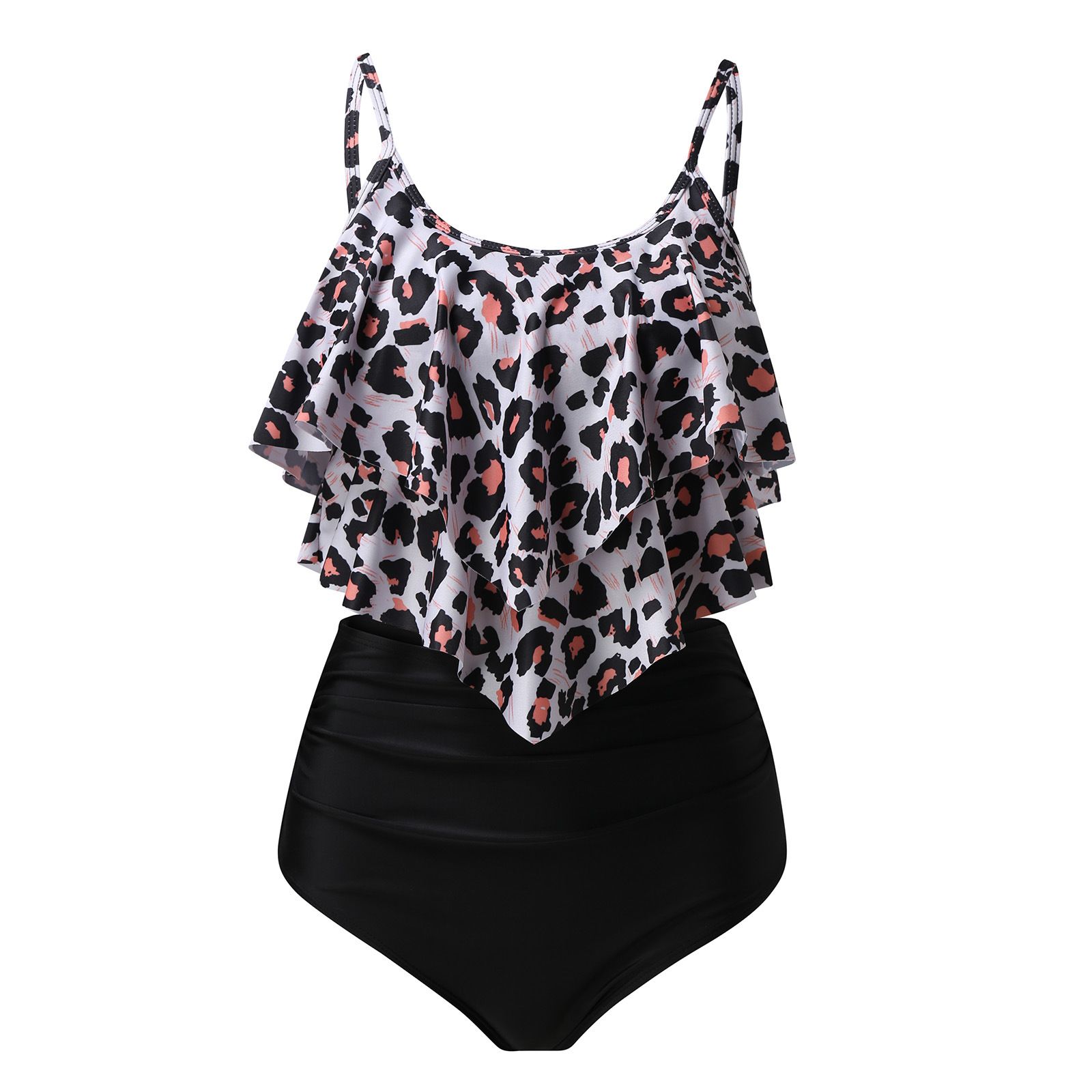 (image for) Women Ruffled Tankini Two‑Piece Swimsuit, Print & Solid High Waist Bikini Set