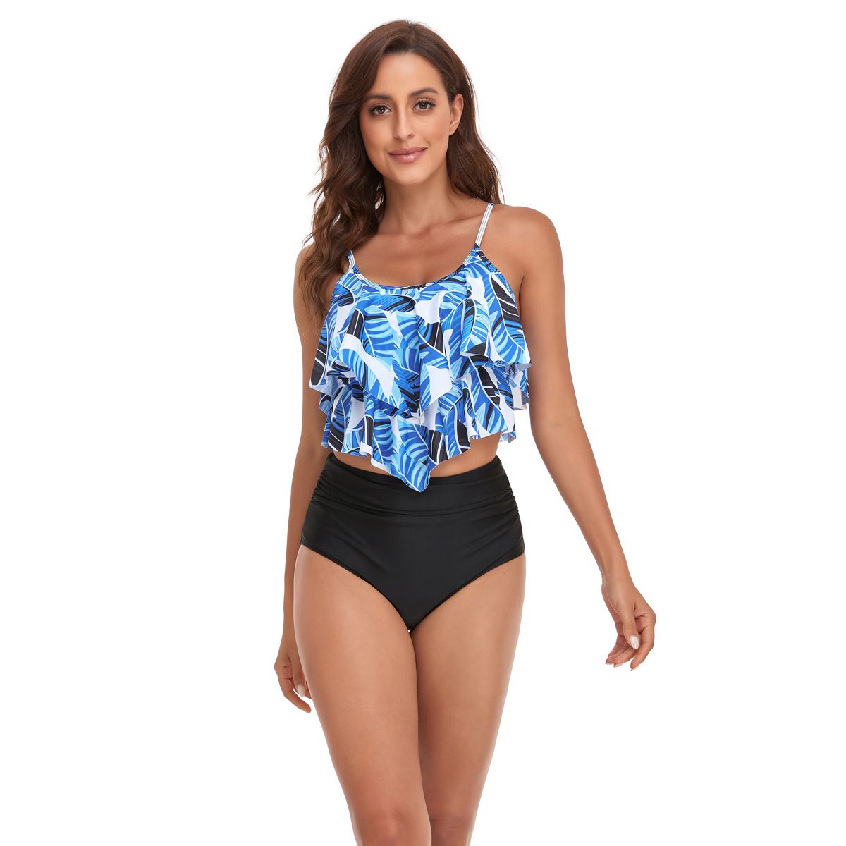 (image for) Women Ruffled Tankini Two‑Piece Swimsuit, Print & Solid High Waist Bikini Set