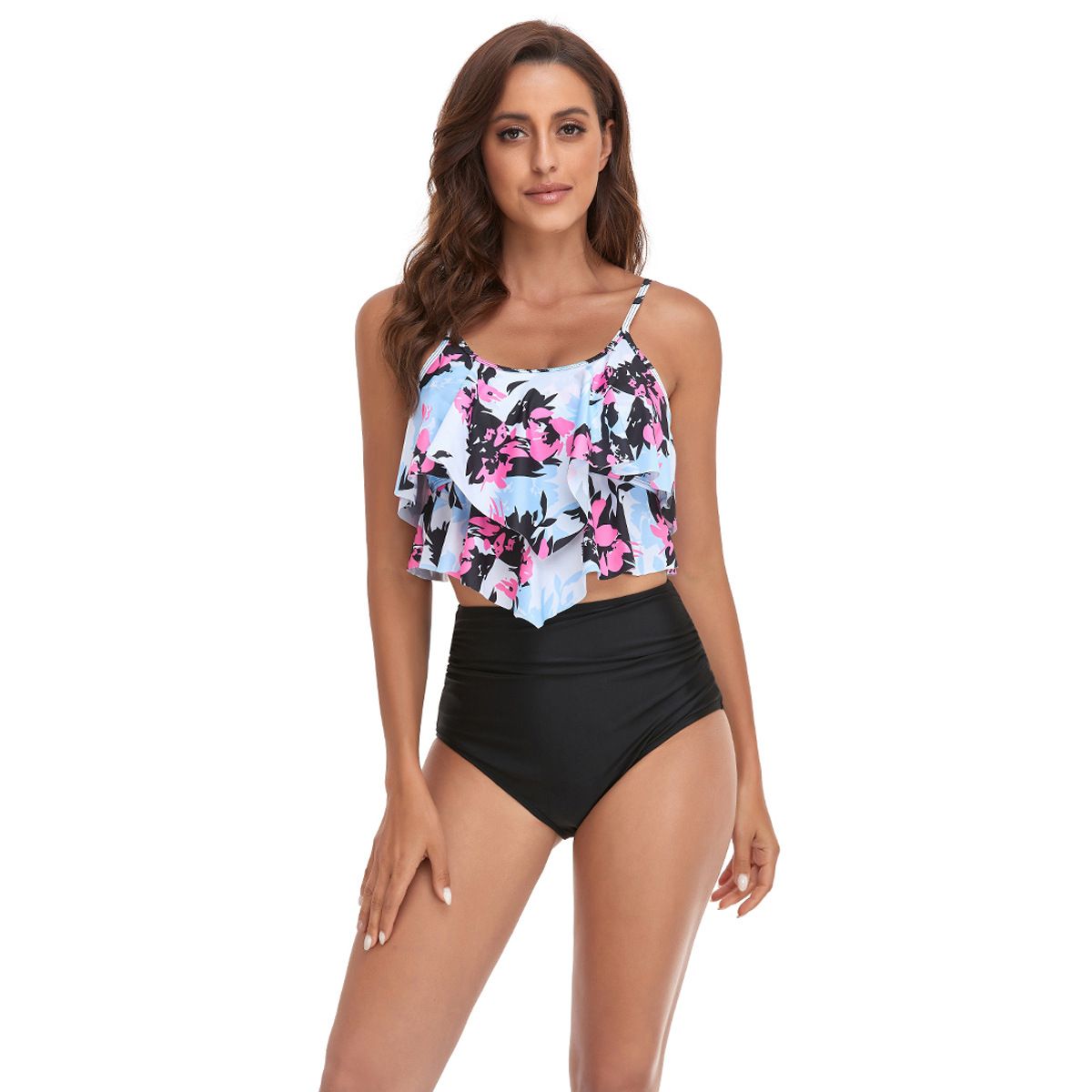 (image for) Women Ruffled Tankini Two‑Piece Swimsuit, Print & Solid High Waist Bikini Set