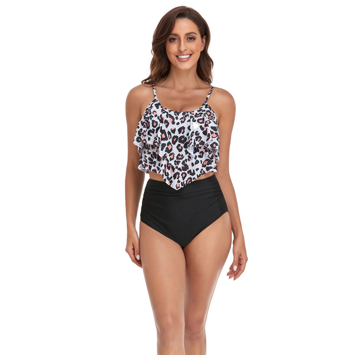 (image for) Women Ruffled Tankini Two‑Piece Swimsuit, Print & Solid High Waist Bikini Set