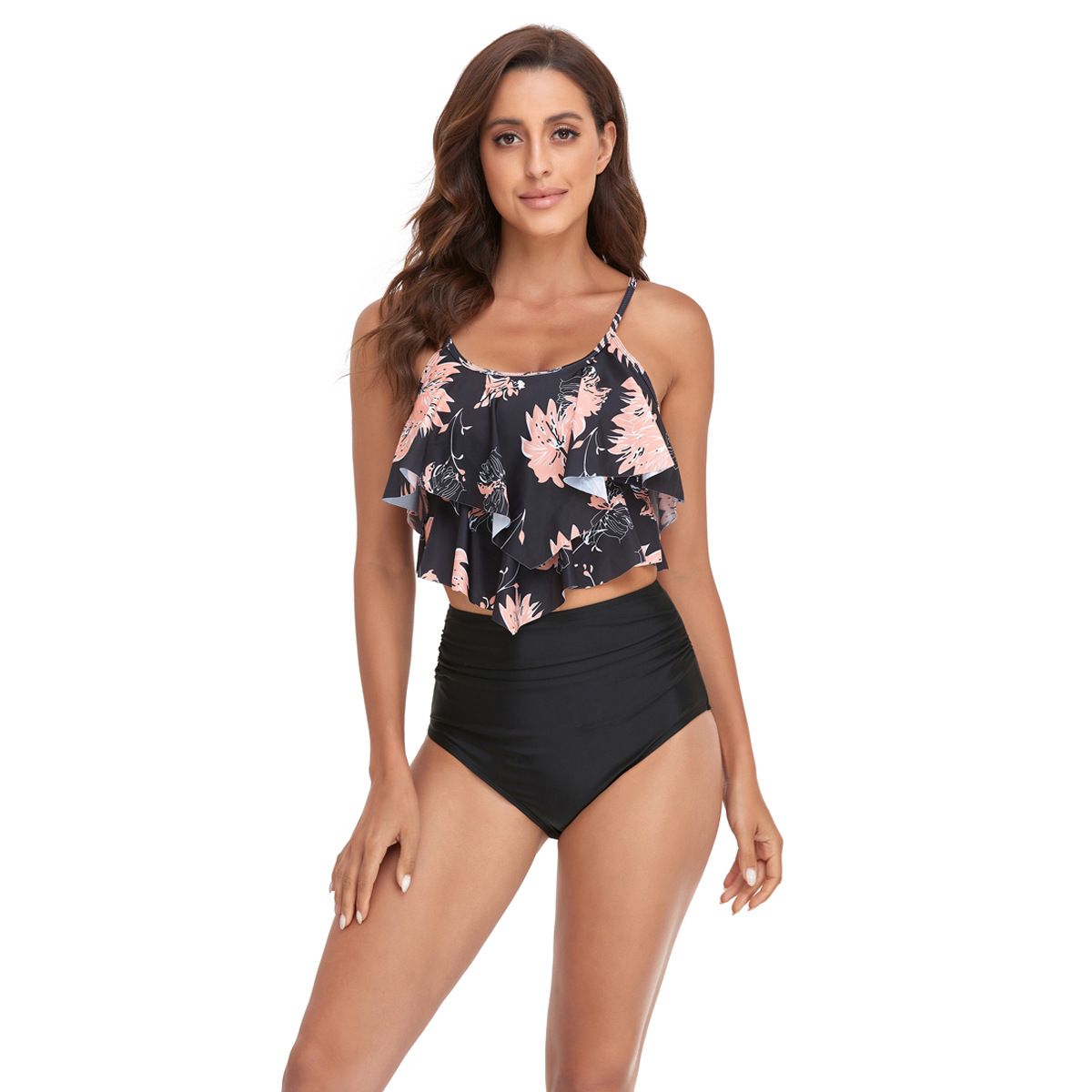 (image for) Women Ruffled Tankini Two‑Piece Swimsuit, Print & Solid High Waist Bikini Set