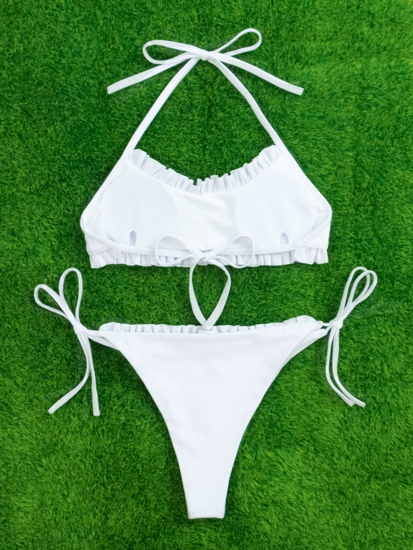(image for) Ruffled Halter Two‑Piece Bikini Set Side Tie High‑Cut Bottom Solid White Women Swimsuit
