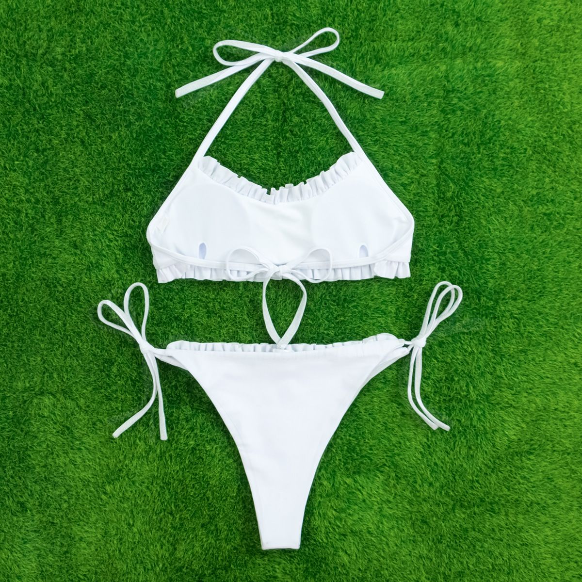 (image for) Ruffled Halter Two‑Piece Bikini Set Side Tie High‑Cut Bottom Solid White Women Swimsuit