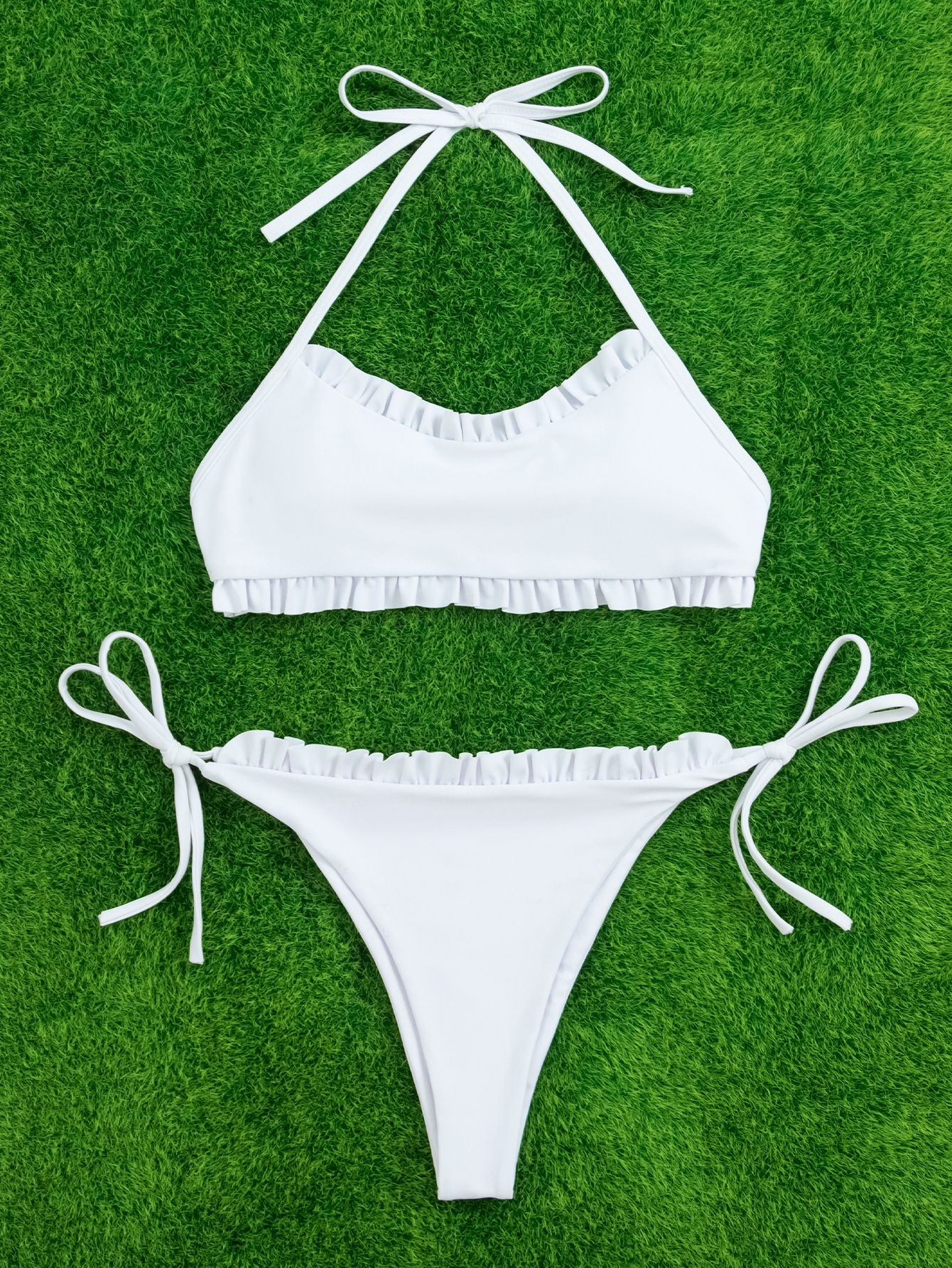 (image for) Ruffled Halter Two‑Piece Bikini Set Side Tie High‑Cut Bottom Solid White Women Swimsuit