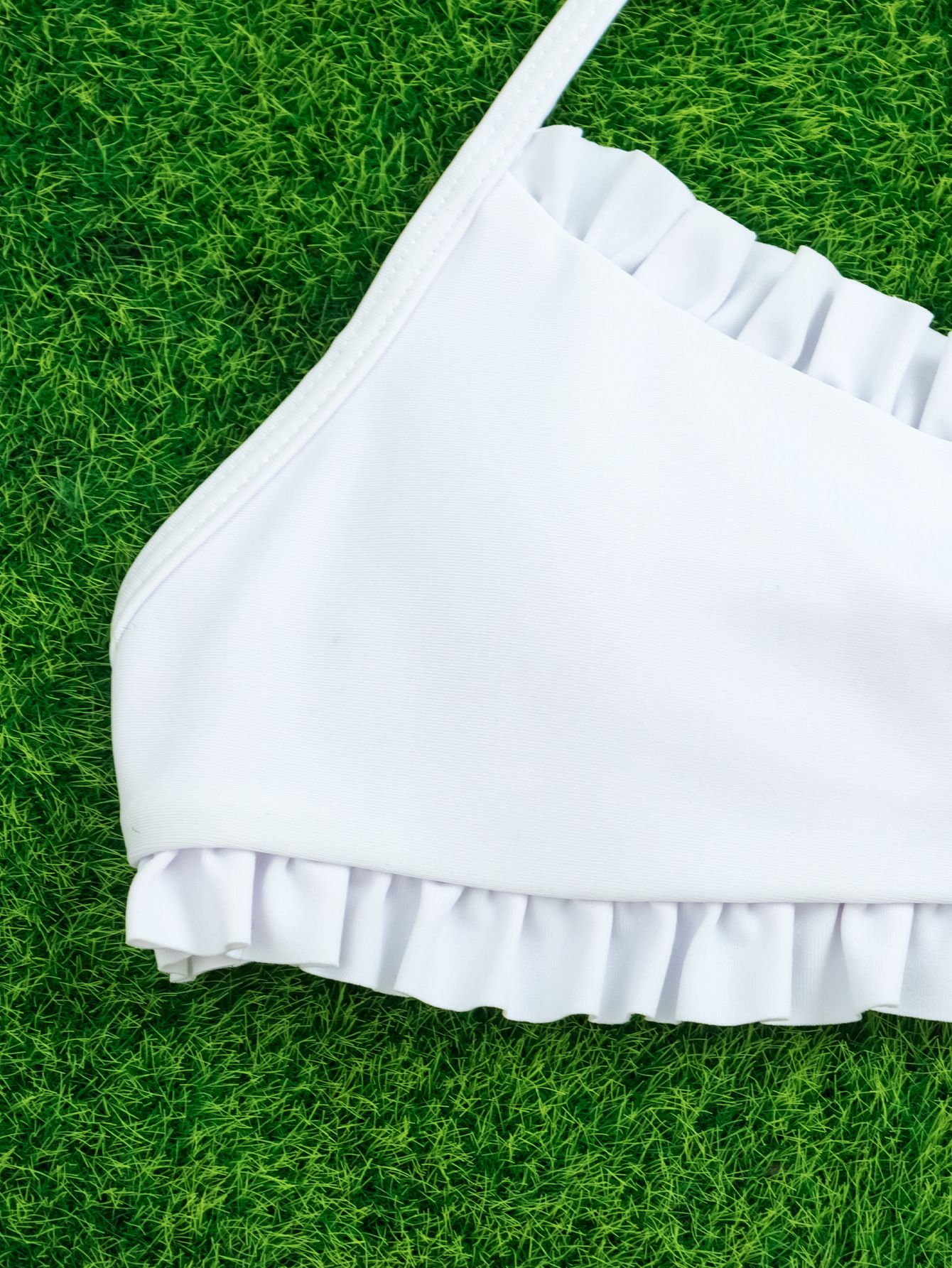 (image for) Ruffled Halter Two‑Piece Bikini Set Side Tie High‑Cut Bottom Solid White Women Swimsuit