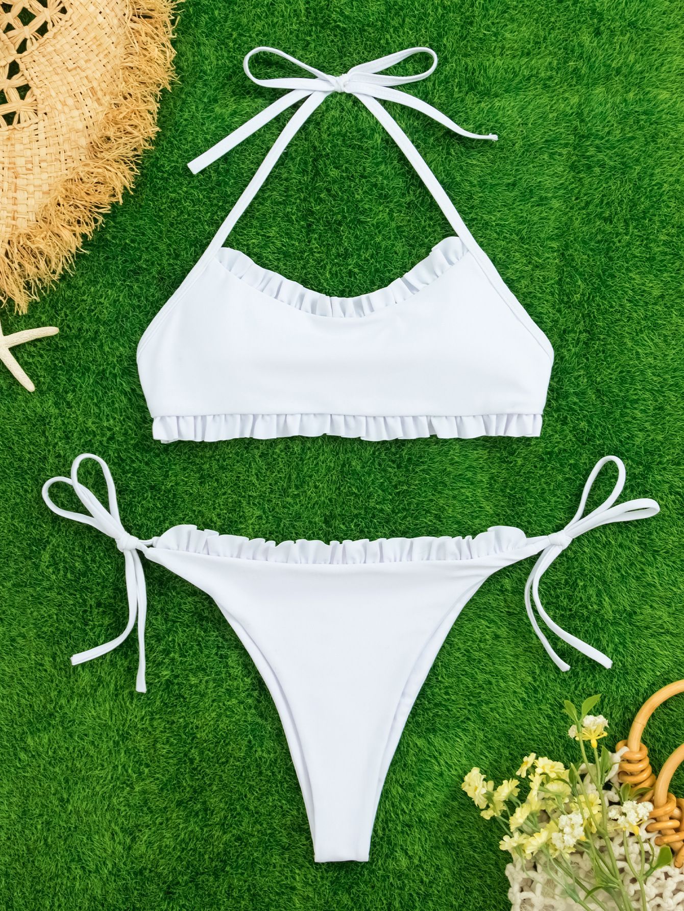 (image for) Ruffled Halter Two‑Piece Bikini Set Side Tie High‑Cut Bottom Solid White Women Swimsuit