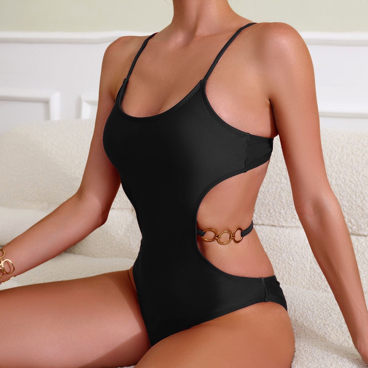 (image for) Women Spaghetti Strap Side Cutout One‑Piece Swimsuit, Solid Color Sexy Bathing Suit
