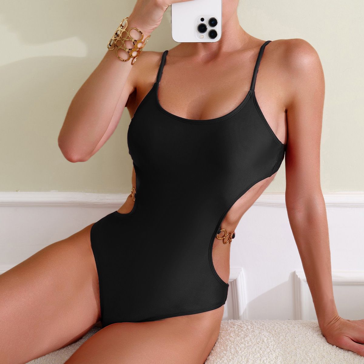 (image for) Women Spaghetti Strap Side Cutout One‑Piece Swimsuit, Solid Color Sexy Bathing Suit