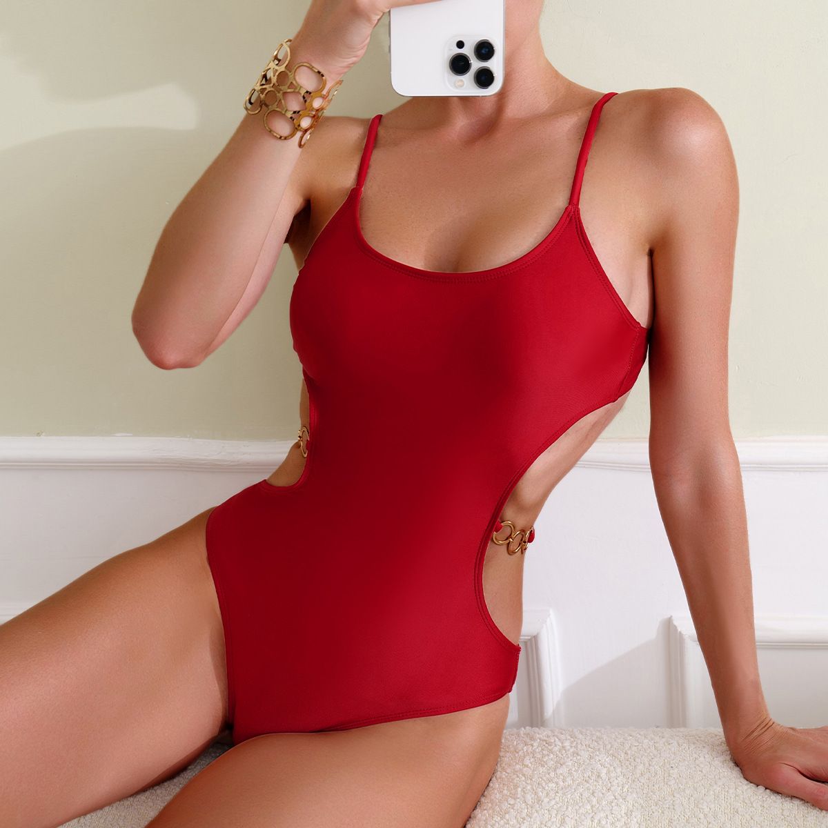 (image for) Women Spaghetti Strap Side Cutout One‑Piece Swimsuit, Solid Color Sexy Bathing Suit