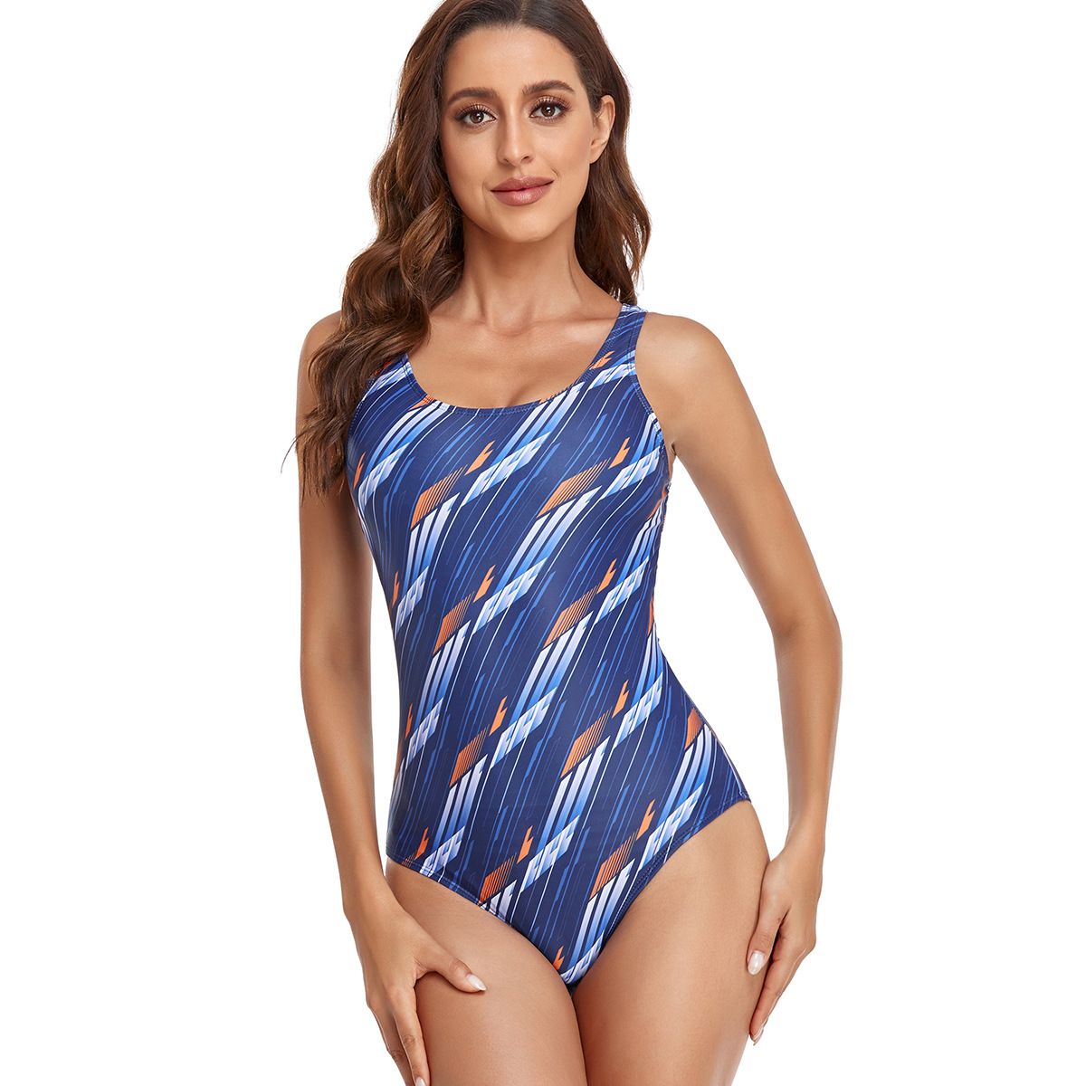 (image for) Women Conservative Tank Style One‑Piece Swimsuit Printed Athletic Sports Bathing Suit