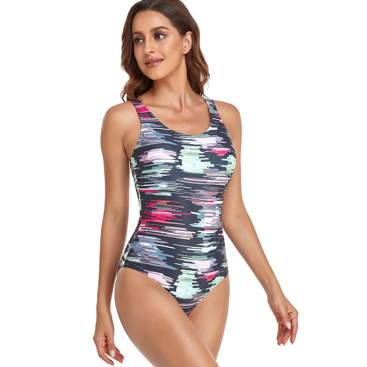 (image for) Women Conservative Tank Style One‑Piece Swimsuit Printed Athletic Sports Bathing Suit