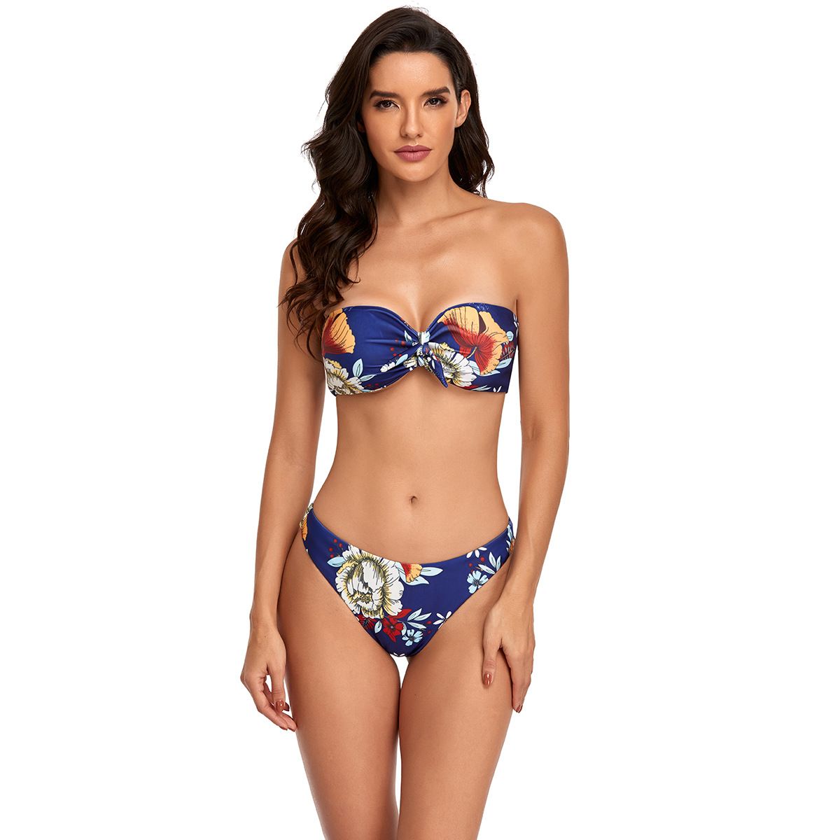 (image for) Floral Print Bandeau Bikini Set Front Knot Strapless Two‑Piece Women Swimwear