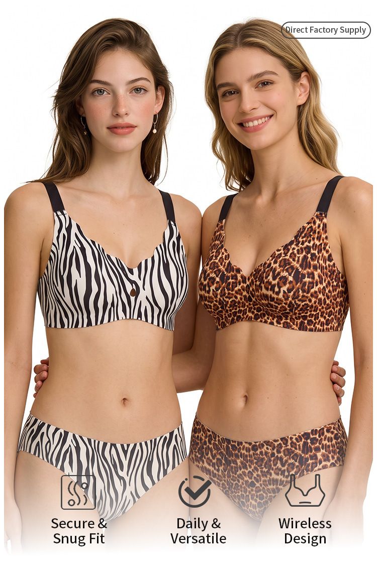 (image for) Women's Leopard Print Wireless Seamless Bra Adjustable Straps 3-Row Back Closure Jelly Strip Support Thin Cup Beauty Back Full Figure Lingerie