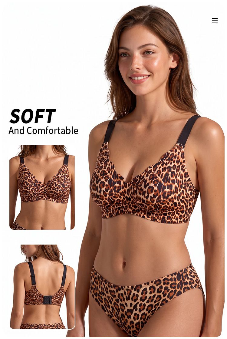 (image for) Women's Leopard Print Wireless Seamless Bra Adjustable Straps 3-Row Back Closure Jelly Strip Support Thin Cup Beauty Back Full Figure Lingerie
