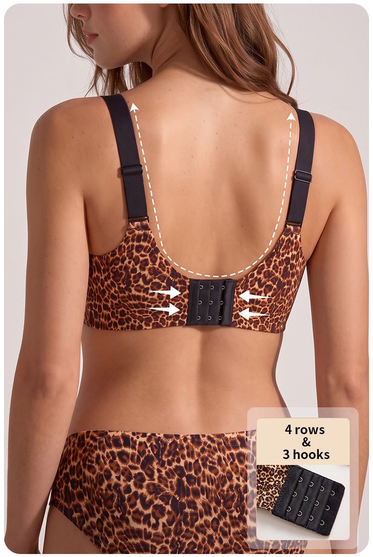 (image for) Women's Leopard Print Wireless Seamless Bra Adjustable Straps 3-Row Back Closure Jelly Strip Support Thin Cup Beauty Back Full Figure Lingerie