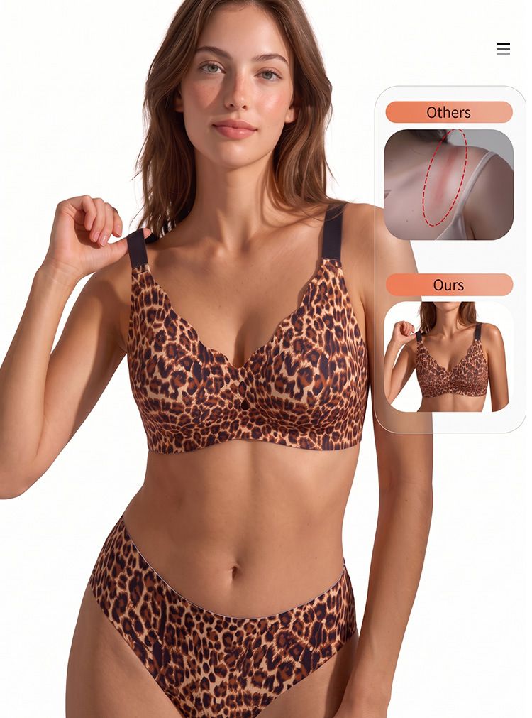 (image for) Women's Leopard Print Wireless Seamless Bra Adjustable Straps 3-Row Back Closure Jelly Strip Support Thin Cup Beauty Back Full Figure Lingerie