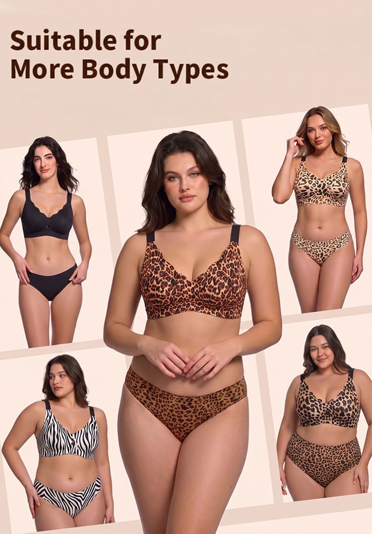 (image for) Women's Leopard Print Wireless Seamless Bra Adjustable Straps 3-Row Back Closure Jelly Strip Support Thin Cup Beauty Back Full Figure Lingerie