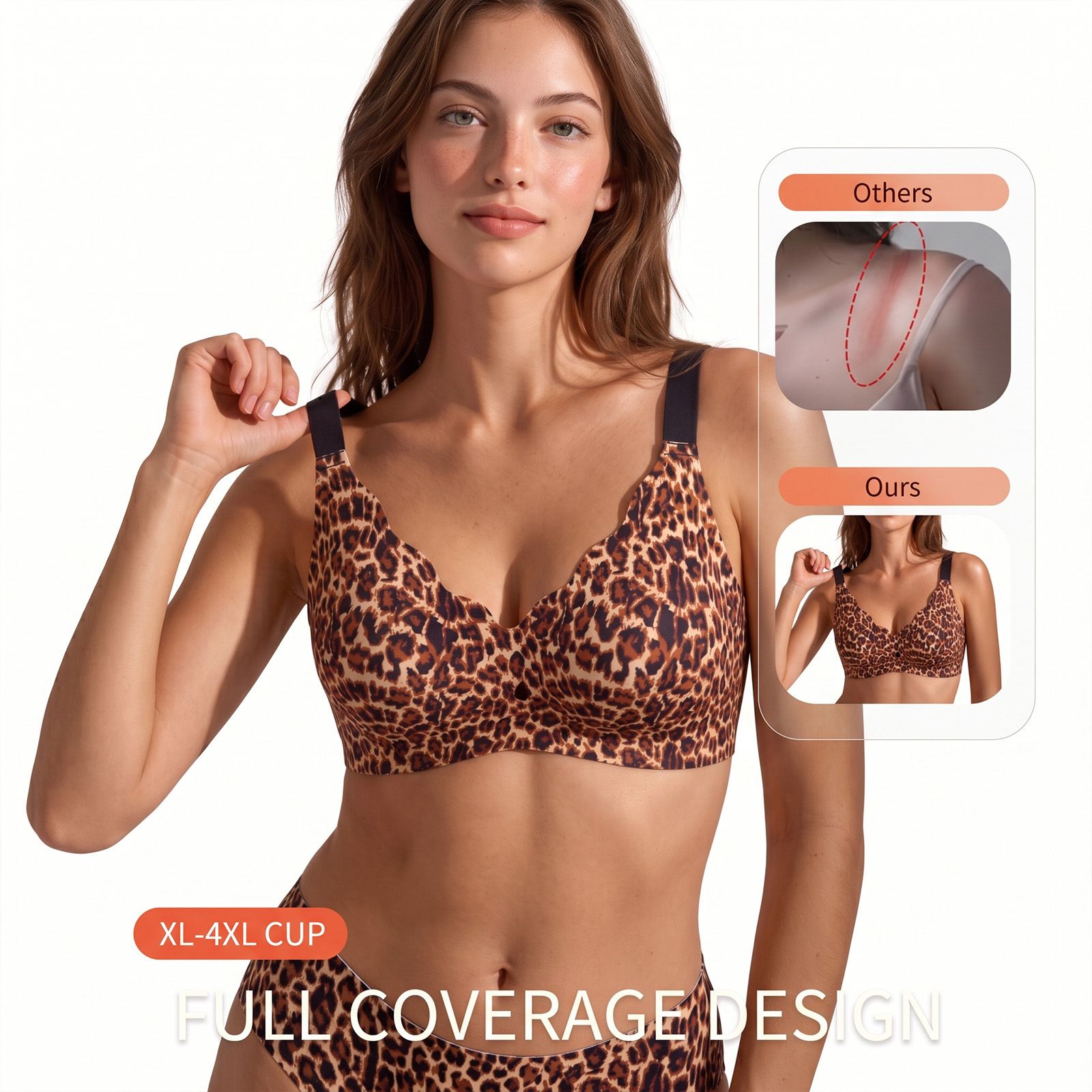 (image for) Women's Leopard Print Wireless Seamless Bra Adjustable Straps 3-Row Back Closure Jelly Strip Support Thin Cup Beauty Back Full Figure Lingerie