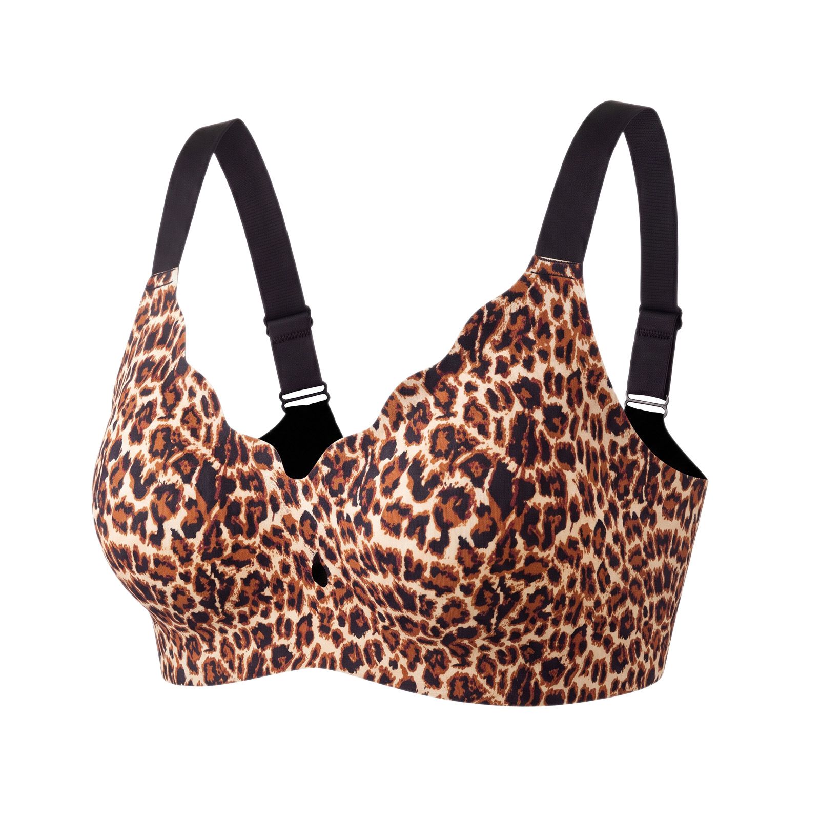 (image for) Women's Leopard Print Wireless Seamless Bra Adjustable Straps 3-Row Back Closure Jelly Strip Support Thin Cup Beauty Back Full Figure Lingerie
