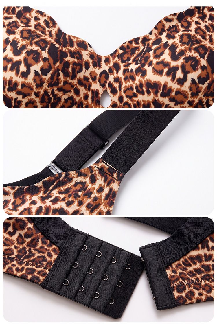 (image for) Women's Leopard Print Wireless Seamless Bra Adjustable Straps 3-Row Back Closure Jelly Strip Support Thin Cup Beauty Back Full Figure Lingerie