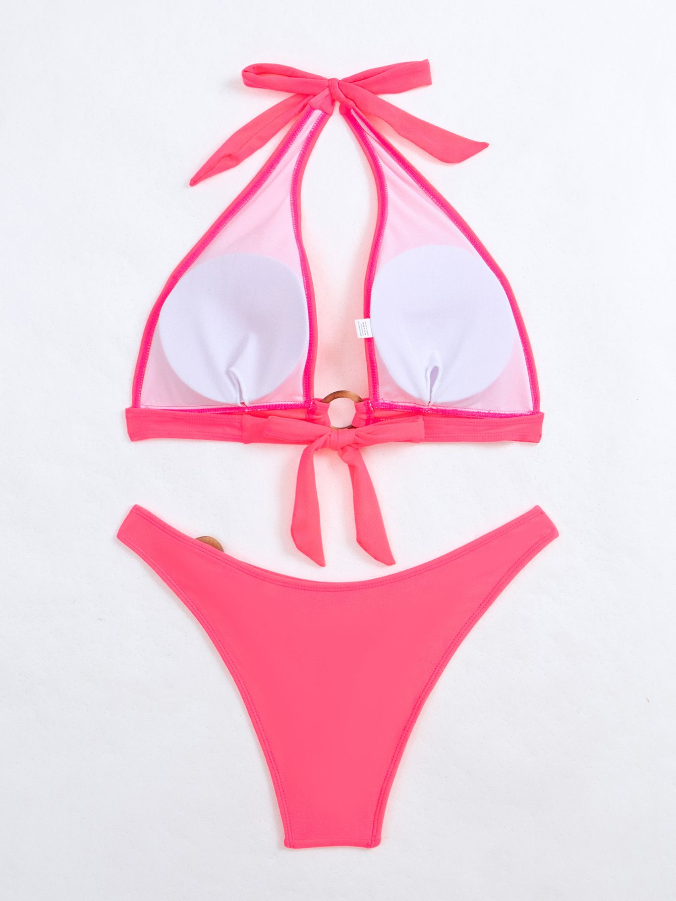 (image for) Solid Neon Pink Halter O‑Ring Two‑Piece Bikini Set Women Swimsuit