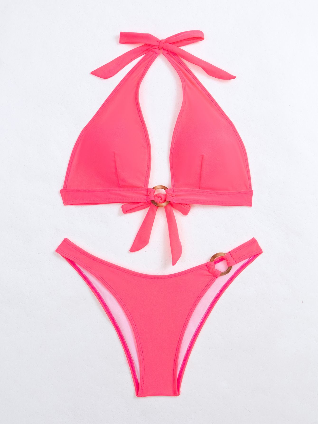 (image for) Solid Neon Pink Halter O‑Ring Two‑Piece Bikini Set Women Swimsuit